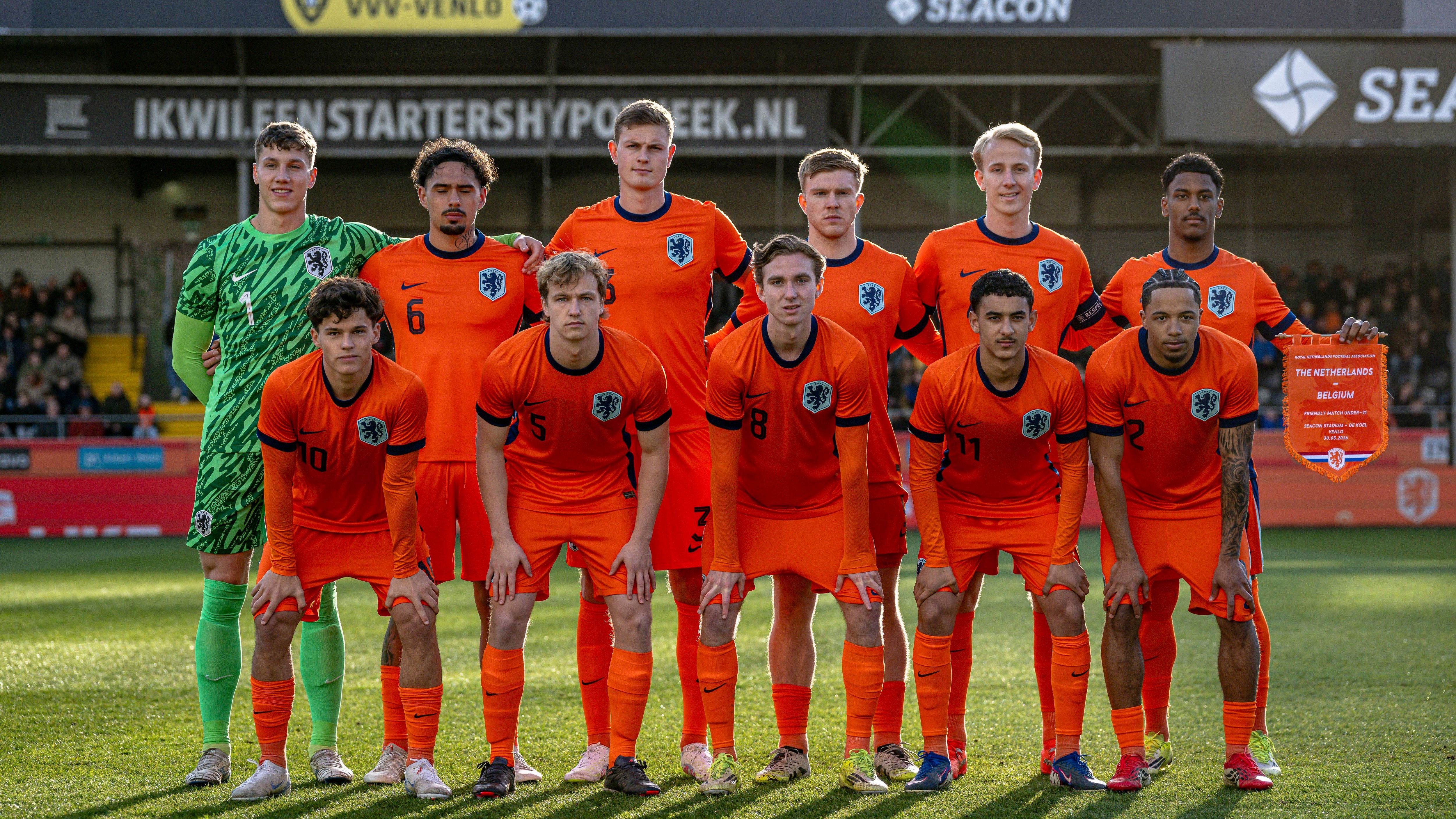 Goalkeeper Bernt Klaverboer of Netherlands U21, U 21 Tristan Gooijer of Netherlands U21, Dies Janse of Netherlands U21, Devin Haen of Netherlands U21, Thijmen Blokzijl of Netherlands U21, Jaden Slory of Netherlands U21, Thom van Bergen of Netherlands U21, Sam de Grand of Netherlands U21, Ayoub Ofkir of Netherlands U21 and Elijah Dijkstra of Netherlands U21