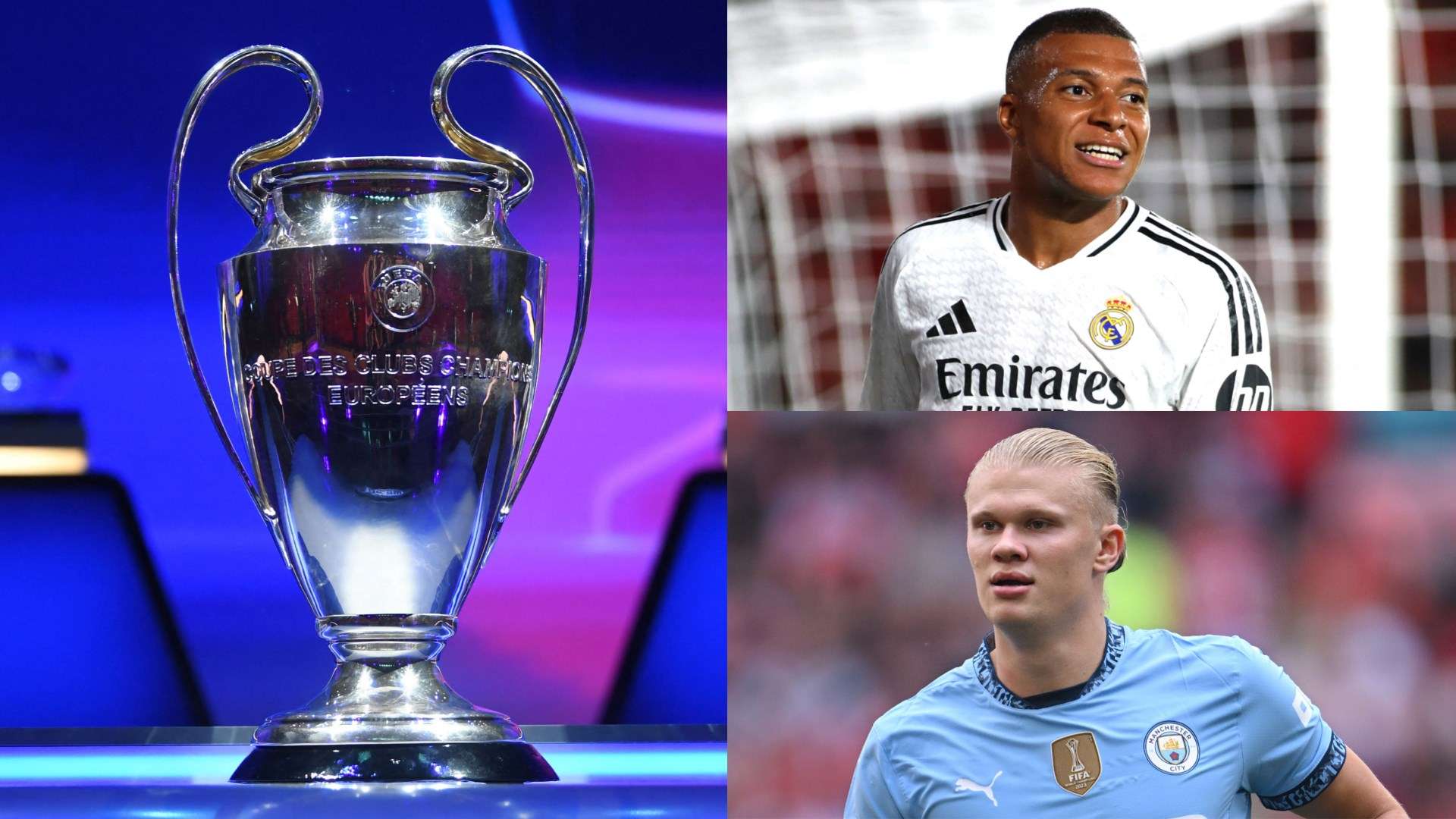 Champions League trophy Kylian Mbappe Erling Haaland 2024-25