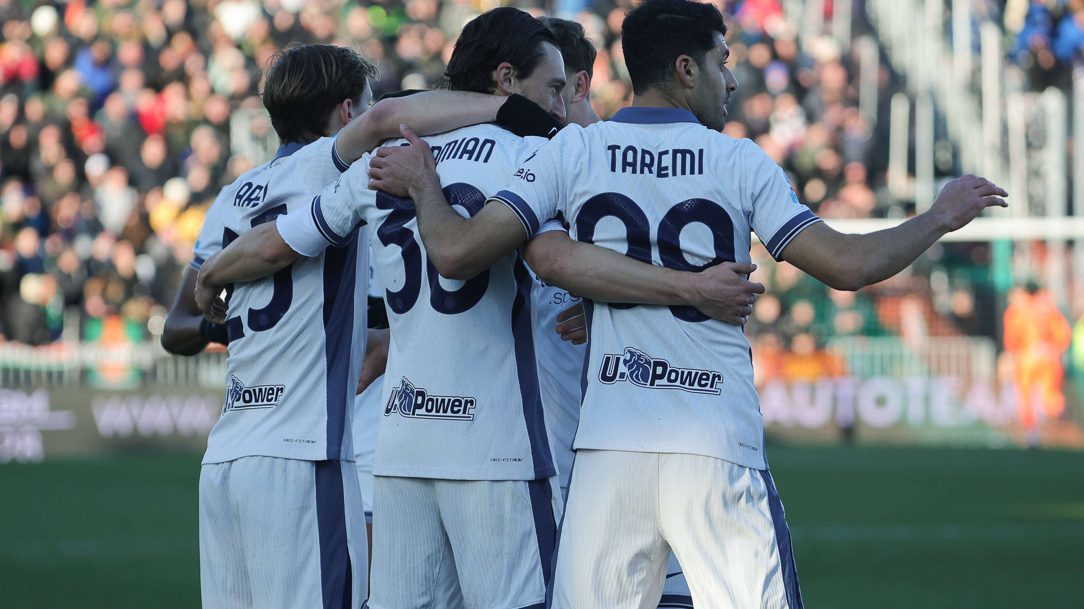 Matteo Darmian of FC Internazionale celebrates with Kristjan Asllani of FC Internazionale