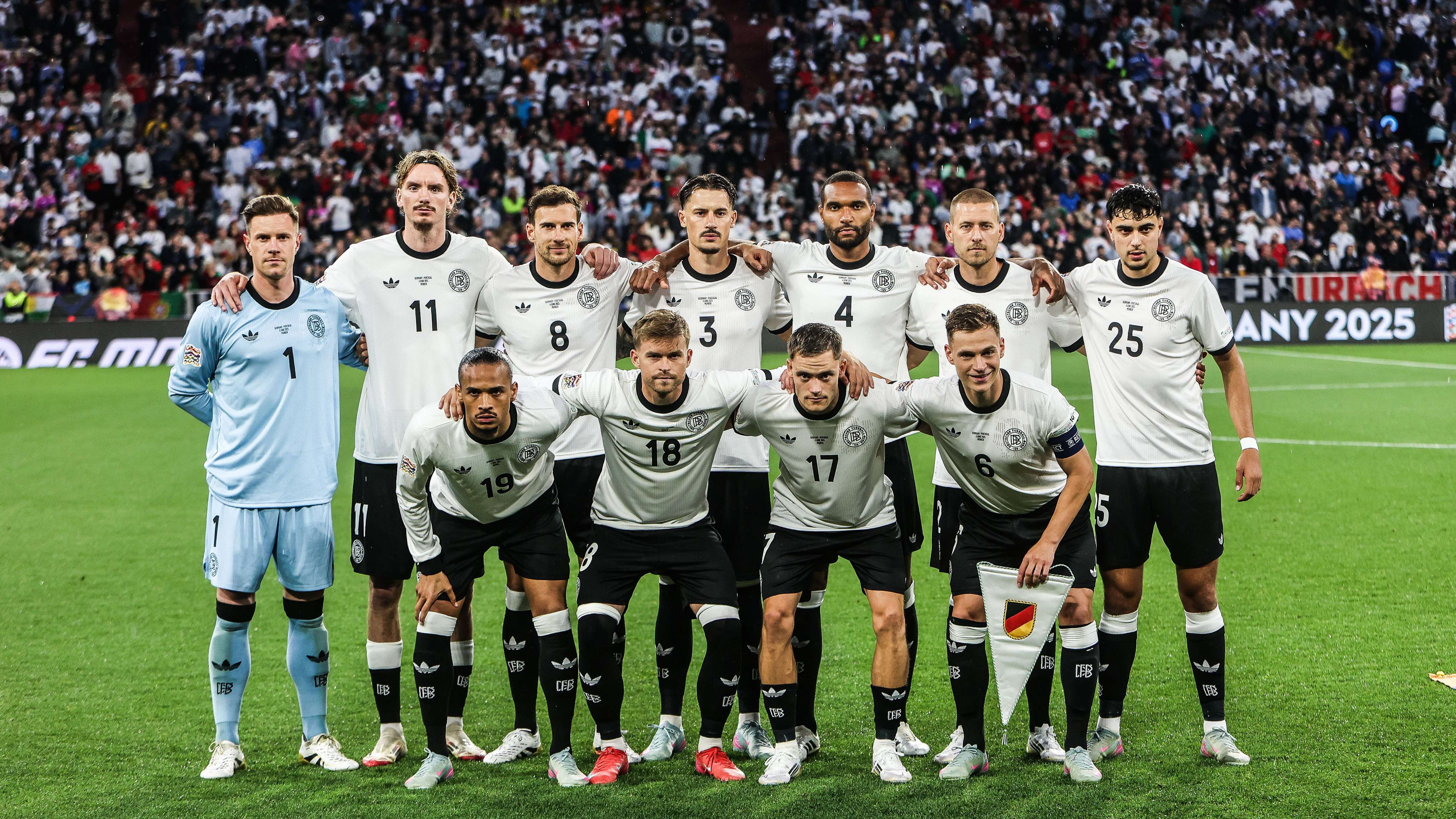 Marc Andre te Stegen Germany, 1 , Nick Woltemade Germany, 11 , Leon Goretzka Germany, 8 , Robin Koch Germany, 3 , Jonathan Tah Germany, 4 , Waldemar Anton Germany, 2 , Aleksandar Pavlovic Germany, 25 Front row fL Leroy Sane Germany, 19 , Maximilian Mittelstädt Germany, 18 , Florian Wirtz Germany, 17 , Joshua Kimmich Germany