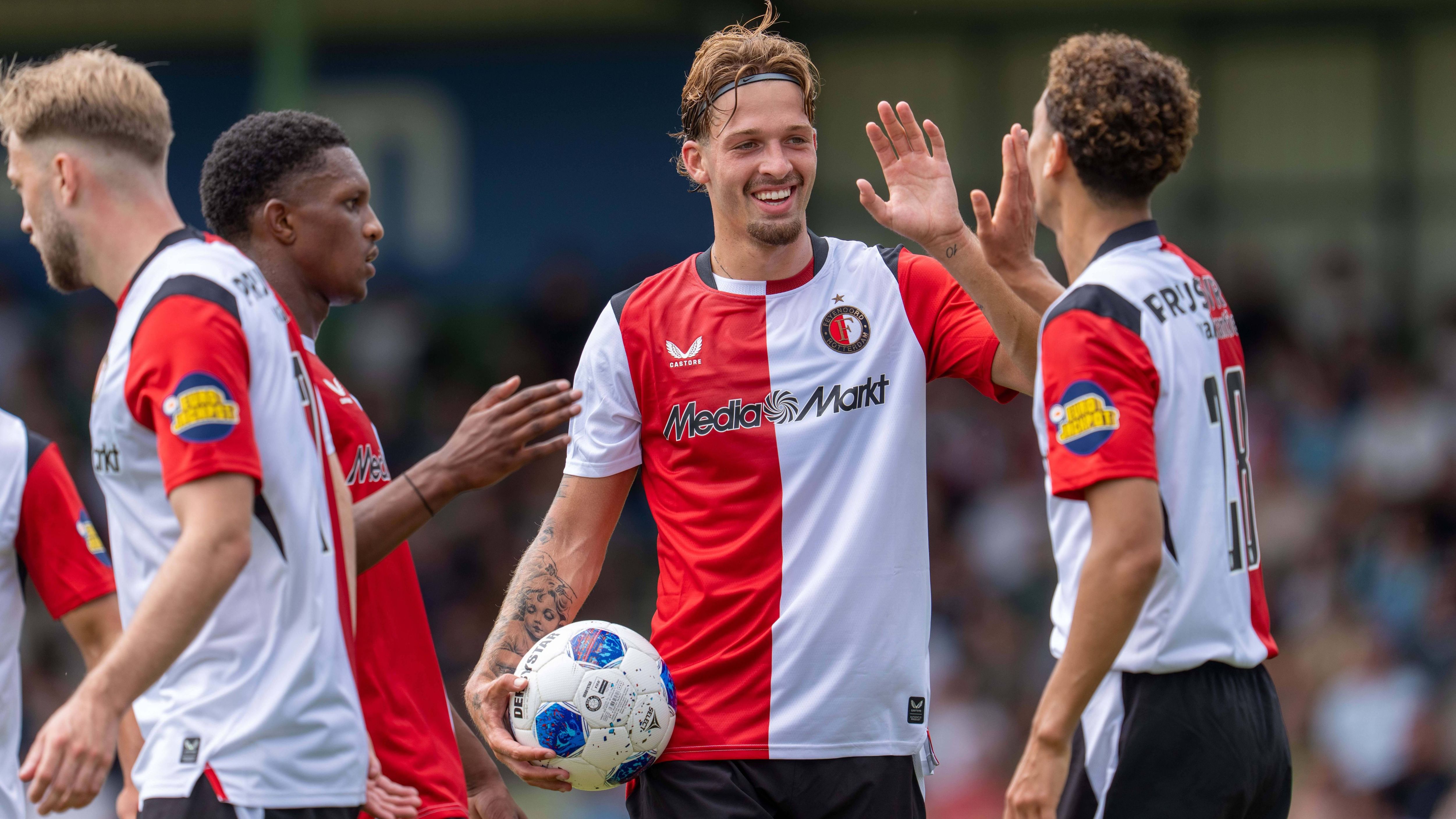 ROTTERDAM, 04-07-2026, M-Scores Stadium Krommedijk , Pre-season friendly FC Dordrecht - Feyenoord , Season 2026 2027 , Picture shows Feyenoord player Givairo Read and Feyenoord player Luciano Valente Dordrecht - Feyenoord x204835271x Copyright: