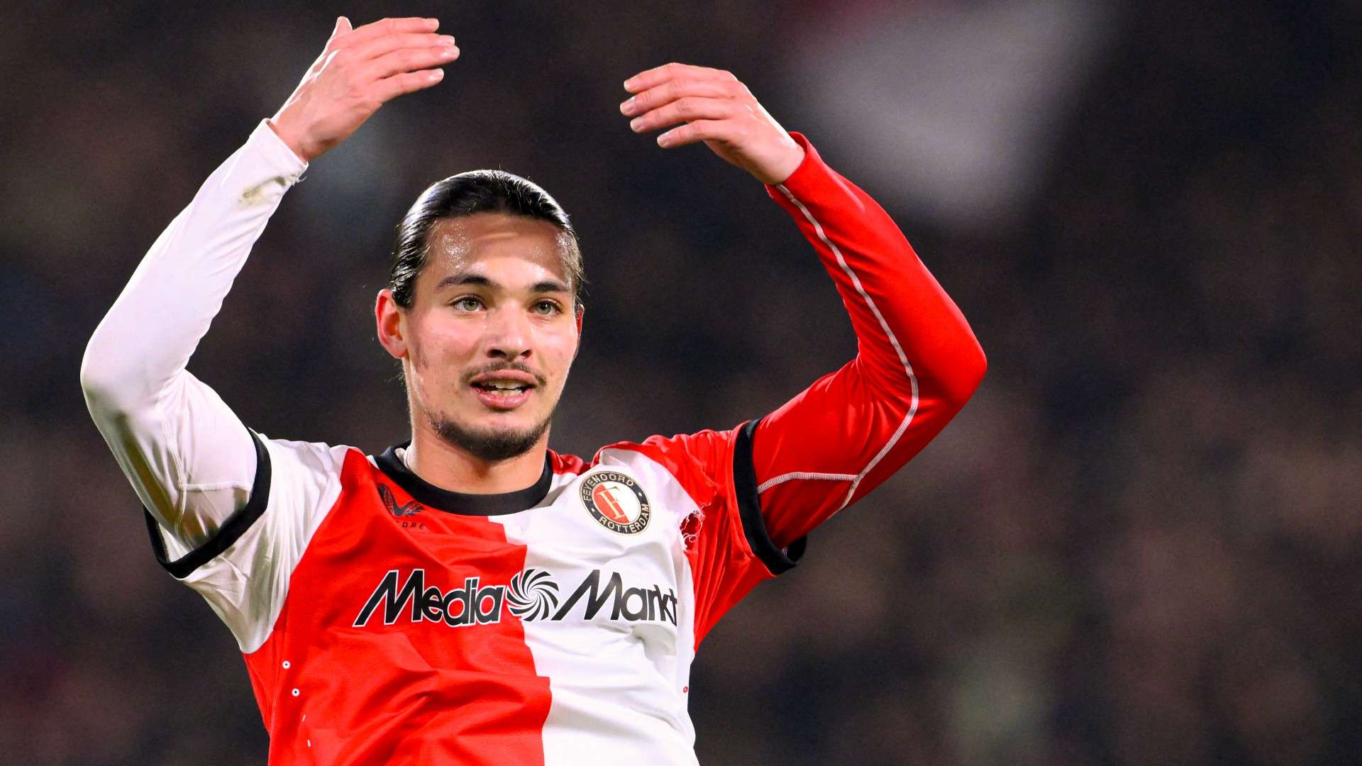 Feyenoord's Algerian forward #23 Anis Hadj-Moussa celebrates 